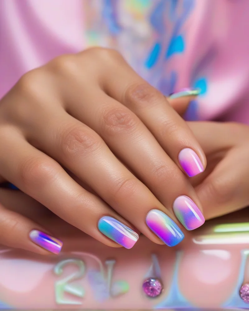 Close up of a vibrant Y2K manicure with maintained cuticles and glossy top coat