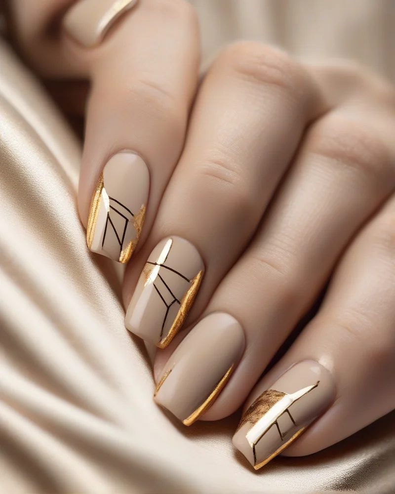 Transition Nails Summer to Fall 7 A close up view of elegant minimalist nail art featuring geometric gold lines on a neutral base, perfectly transitioning from summer to autumn style.
