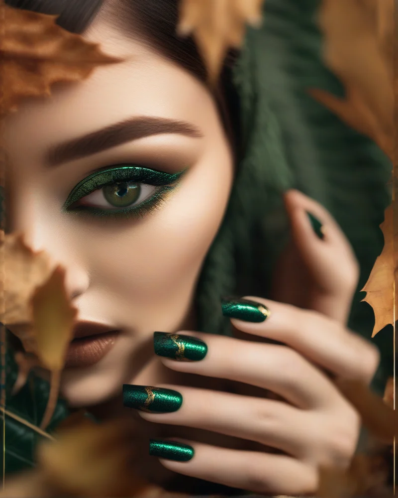 Nail Ideas September 7 Close up of deep forest green magnetic cat-eye velvet nails with a shimmering light reflection, professional September nail art design.