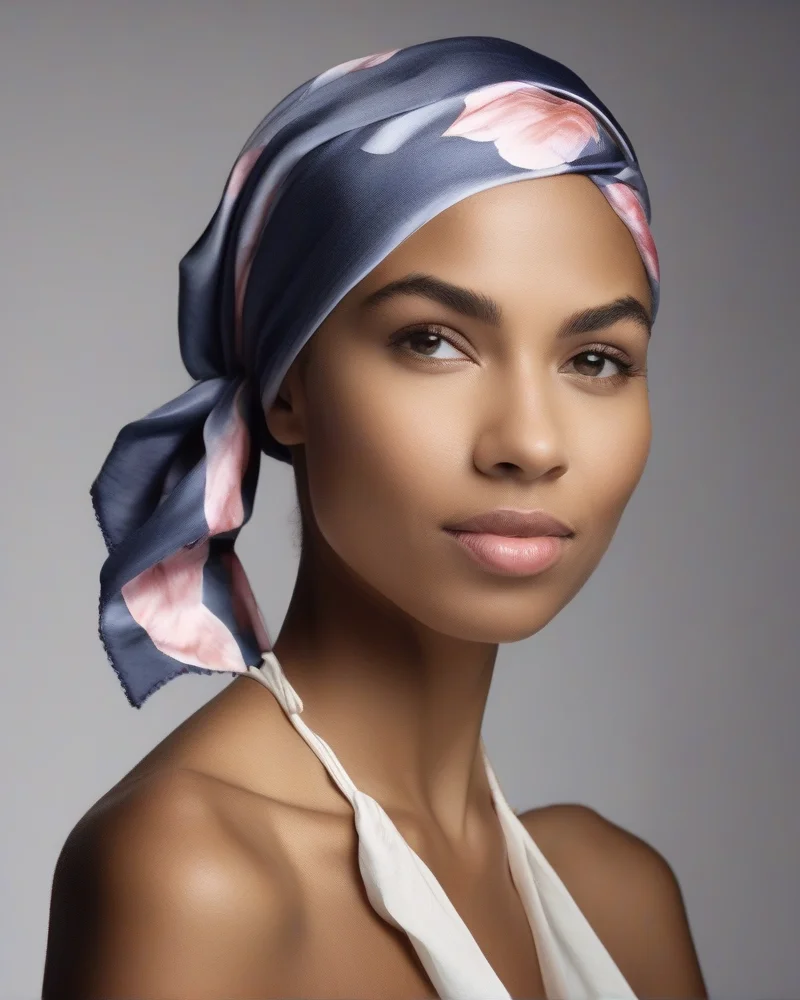 Close-up of a woman demonstrating a gentle, tension-free bandana wrap style for hair protection.