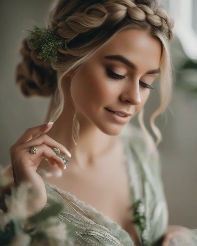 Bohemian bride with a braided updo and botanical nail art featuring soft nudes and earth tones.
