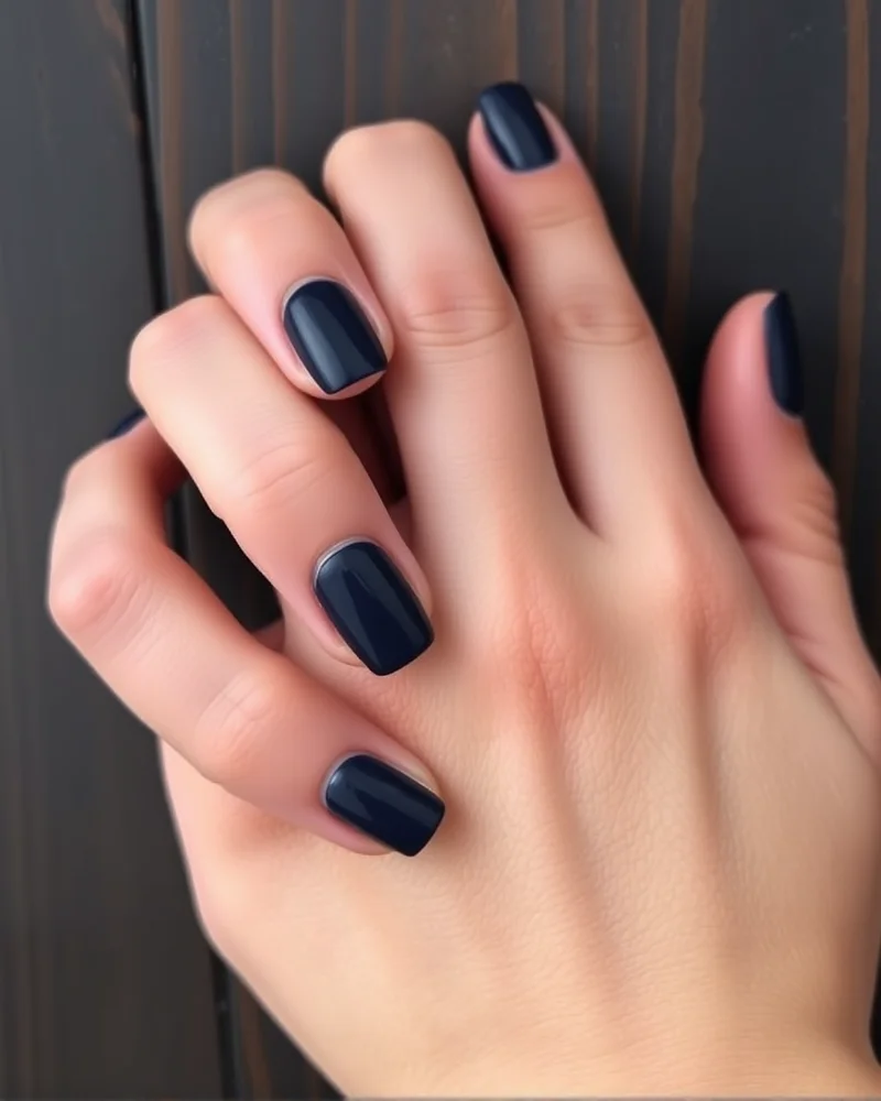 15 Simple Fall Nails That Are Defining Autumn Elegance 8 Short square nails with deep navy blue polish.