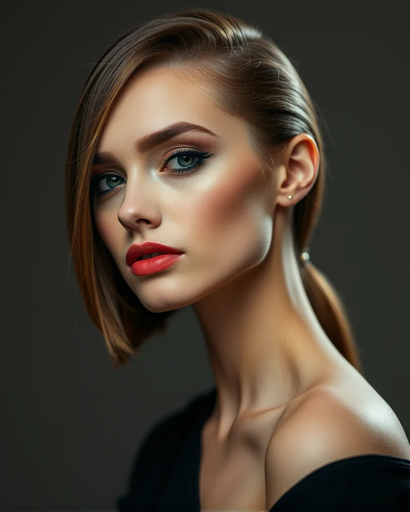A chic side-part slick back hairstyle, perfectly tucked and polished.