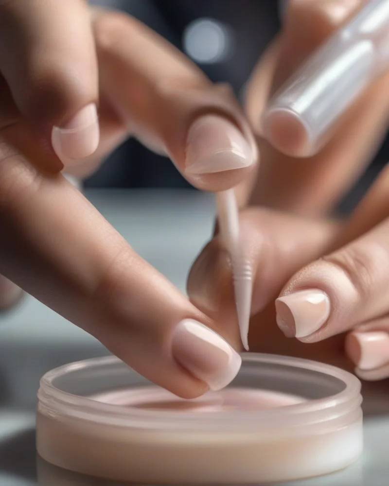 Professional nail technician applying primer for long lasting gel manicure