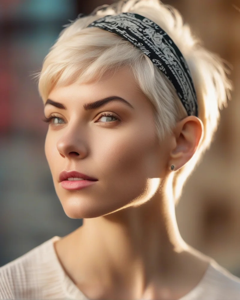 A stylish woman with a short pixie haircut wearing a silk bandana as an accessory to add height and volume, showcasing styling tips for short hair.