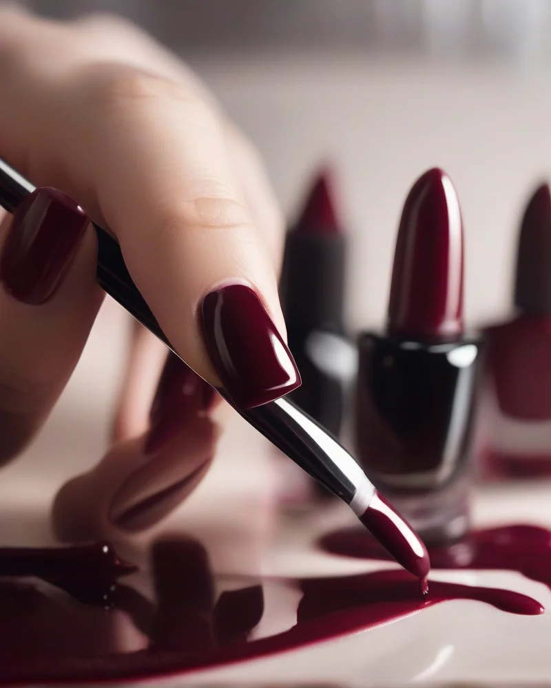 Nail Inspo September 8 Professional manicurist applying dark burgundy nail polish with clean edges