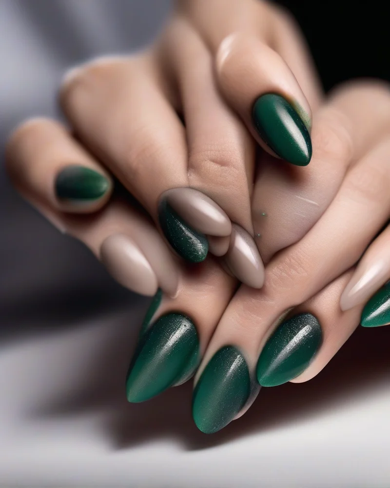 A close-up shot of a sophisticated September manicure featuring a blend of matte and glossy textures with a velvet polish finish in deep earth tones.