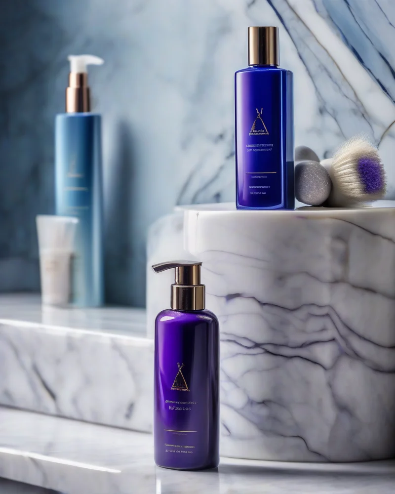 Lowlights and Highlights for Aging Hair 8 Professional hair care products including purple shampoo, blue shampoo, and UV protectant spray for maintaining vibrant, non-brassy aging hair.