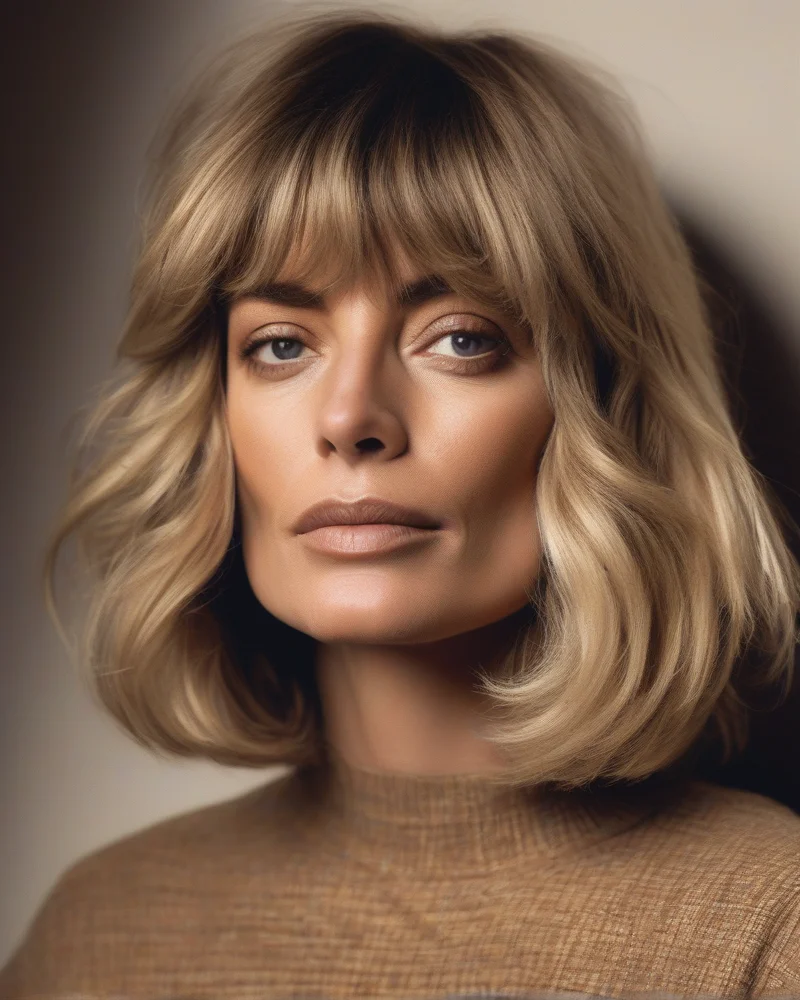 A professional model showcasing a 90s shaggy bob haircut with styled curtain bangs featuring a voluminous flick and feathered ends.