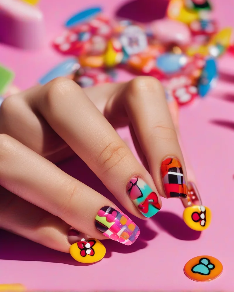 A colorful mismatched Y2K nail art manicure featuring cherry, smiley face, and checkerboard patterns on vibrant almond-shaped nails.