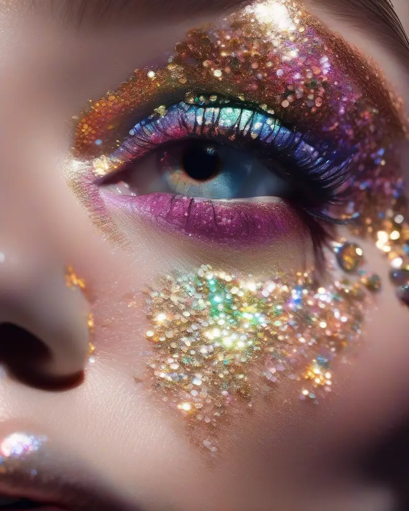 Kesha Makeup 7 A professional beauty shot showing a desk to disco makeup transition featuring iridescent glitter eyeshadow, holographic inner corner highlights, and high-shine lip gloss inspired by Kesha style makeup.