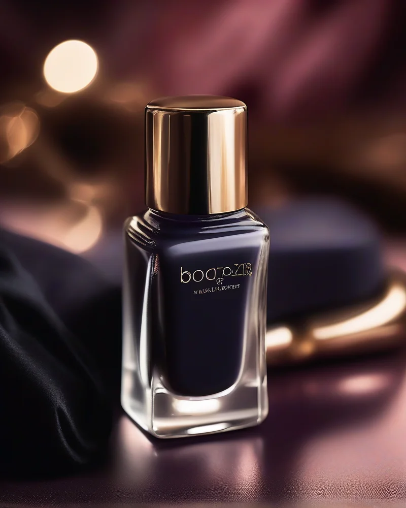 Transition Nails Summer to Fall 8 Close up of a professional plumping top coat bottle next to dark fall colored nails.