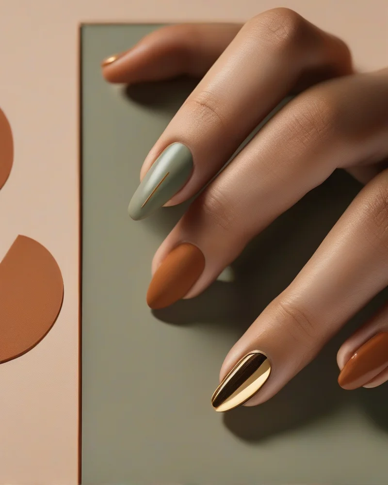 Nail Ideas September 8 Minimalist autumn nail art ideas featuring geometric shapes and fine lines in warm seasonal colors.