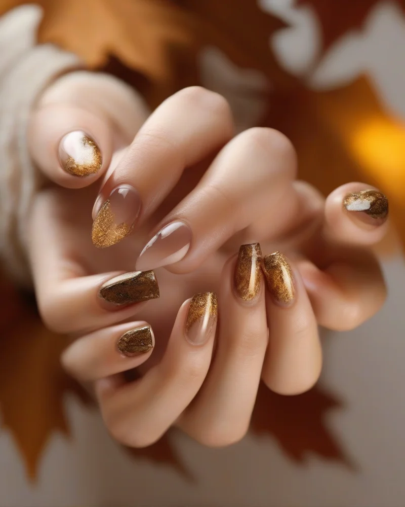Comparison of glossy and matte top coat finishes on nails for autumn seasonal transition.