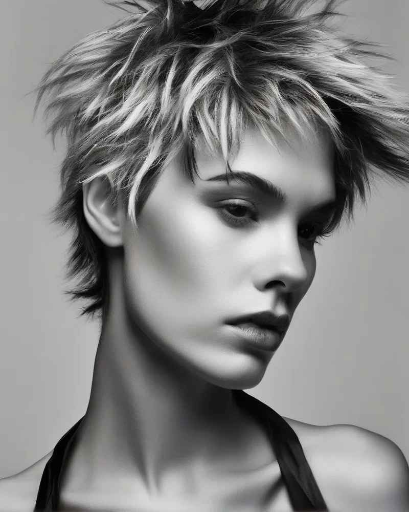 Close-up of a woman's edgy, textured haircut showcasing 'messy but deliberate' styling, with defined, voluminous strands. In the soft-focus background are a texture paste, a pomade, and a salt spray, indicating styling products used to achieve the look. The lighting emphasizes the hair's intricate, piecey texture and alternative aesthetic.