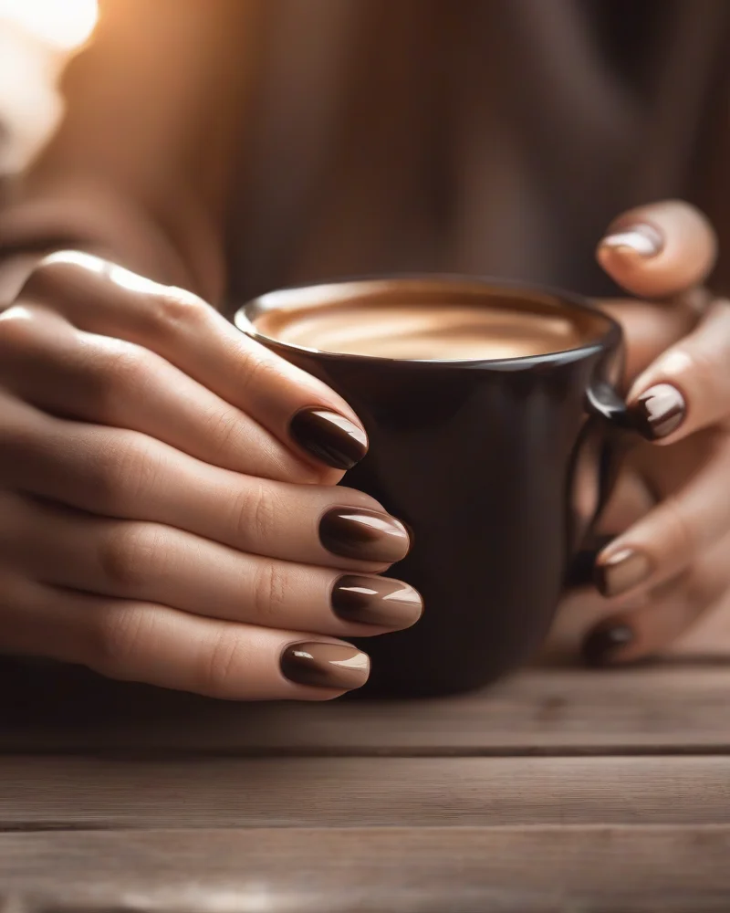 Transition Nails Summer to Fall 9 Close-up of a monochromatic latte to espresso gradient manicure on perfectly manicured nails, showcasing a stylish transition from beige to deep dark brown polish.