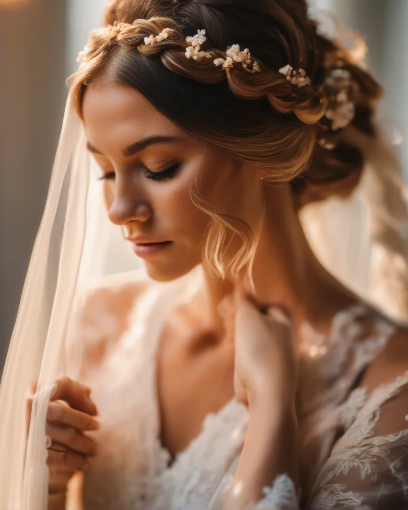A bride gracefully removing her wedding veil from a bohemian updo hairstyle to transition for her reception party.