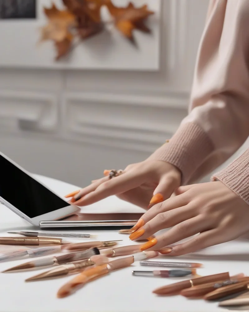 Professional nail technician finding September nail design inspiration on a digital tablet in a clean studio.