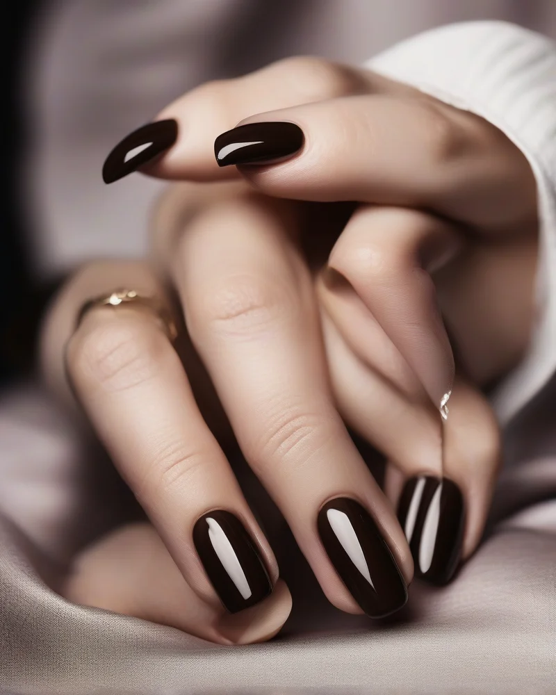 A close-up shot of professional almond-shaped nails in a deep espresso polish color, representing current celebrity-inspired fall nail trends for September.