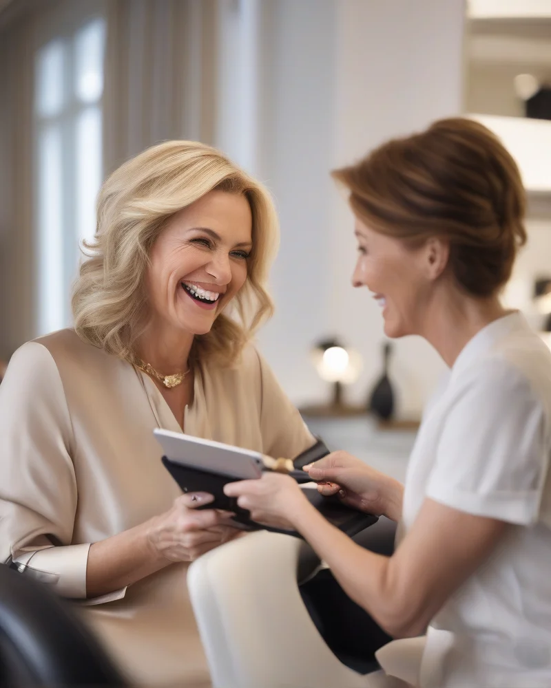Lowlights and Highlights for Aging Hair 10 A woman discussing hair color options and highlights with her professional stylist during a salon consultation.