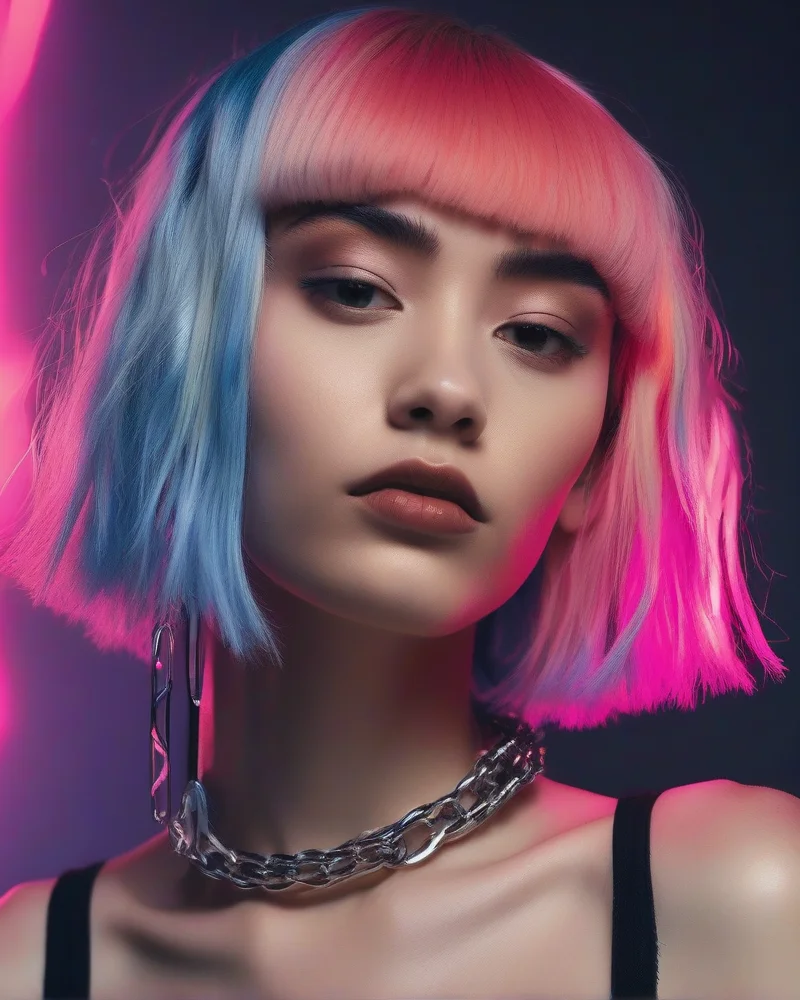 Close up of an edgy alt haircut styled with silver chains and neon clips.
