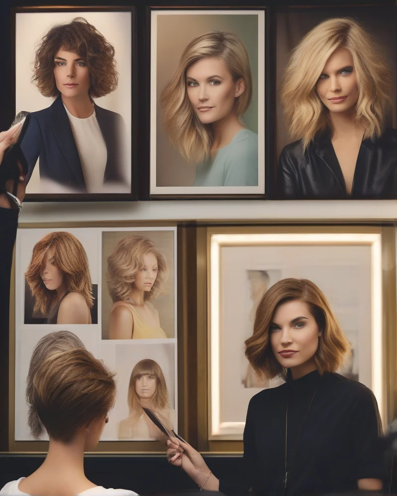 A woman consulting with her hairstylist about transitioning from long hair to a shaggy bob haircut.