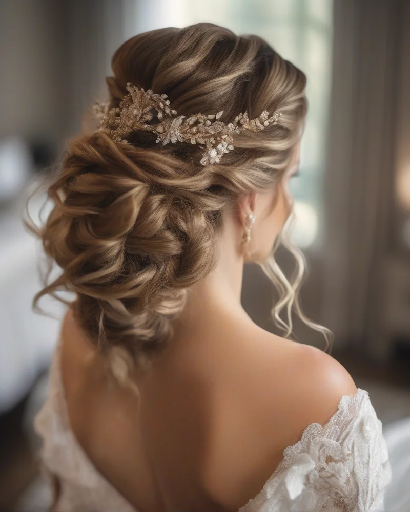 Professional bridal stylist perfecting a loose boho updo for a wedding day.