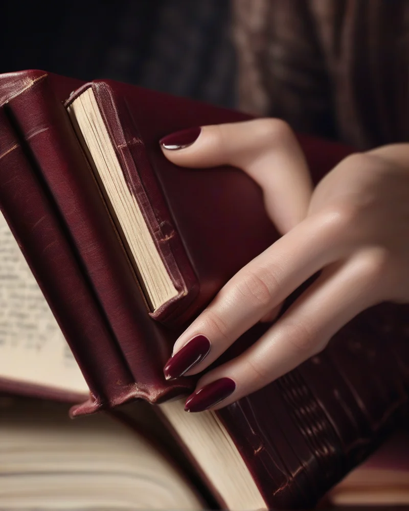 Close up of deep burgundy nails styled with a Dark Academia aesthetic featuring a vintage book.