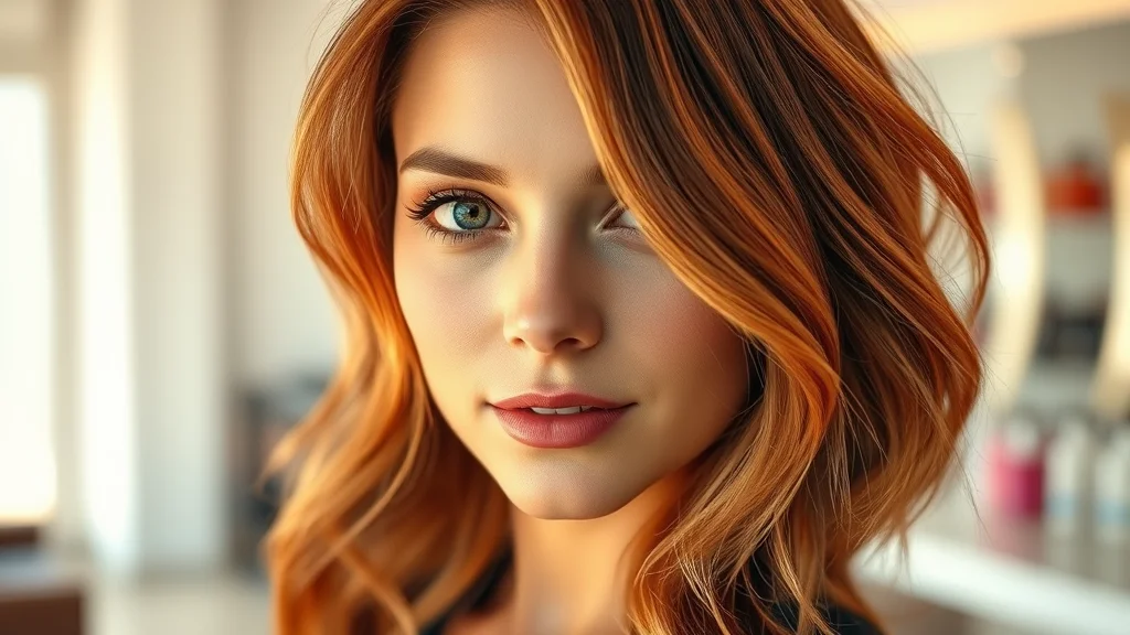 A close-up editorial portrait of a woman with stunning multidimensional copper balayage hair.