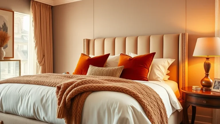 7 Cozy Fall Decor Bedroom Ideas to Transform Your Sanctuary 2 Cozy master bedroom featuring fall decor with burnt orange accents, knit blankets, and warm ambient lighting.