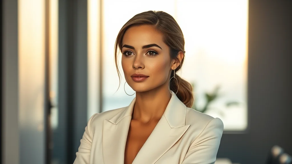 Professional woman wearing clean girl makeup and a sleek low bun hairstyle for an office look.