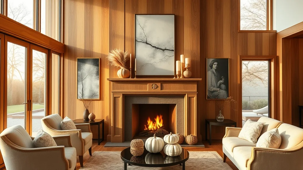 Modern and elegant living room fireplace styled with curated fall mantle decor and seasonal foliage.
