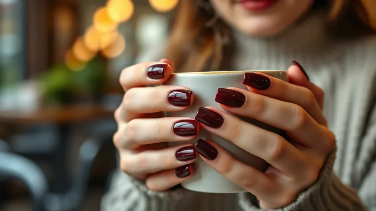 10 Chicest Fall Nails Square Designs to Elevate Your Autumn Aesthetic 9 Close-up of elegant square-shaped fall nails in deep burgundy polish held by a woman in a luxury setting.