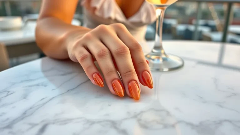 10 Chic End of Summer Nails Ideas to Transition Into Autumn 8 Close-up of elegant almond-shaped nails with a sunset gradient transition at a luxury rooftop bar.