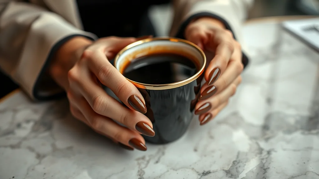 15 Chic September Nail Ideas to Transition Into Autumn 1 Close up of elegant espresso brown almond nails in a luxury coffee shop setting for September inspiration.