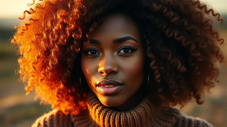 10 Chic Fall Hairstyles for Black Women: The Ultimate Seasonal Guide 4 A stunning Black woman with voluminous, copper-toned curly hair in a high-fashion fall aesthetic.