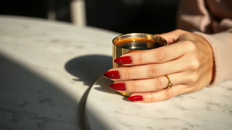 7 Luxurious Nails for Fall Trends That Define Autumn Elegance 3 Close-up of elegant long almond shaped nails in deep oxblood red for fall trends.