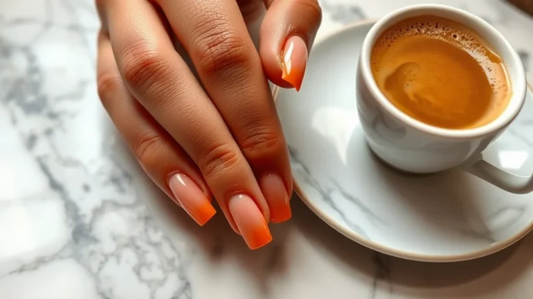 August September Nails: The Ultimate Transition Manicure Guide 2 Luxurious almond shaped august september nails featuring a sunset ombre transition on a marble background.