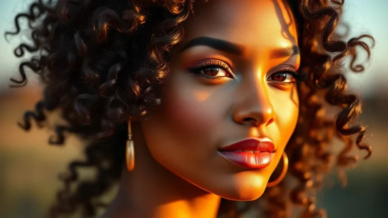 Model with a stylish half up half down hairstyle for curly hair under soft lighting.