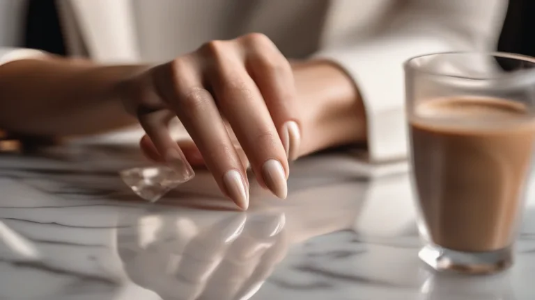 Minimalist august nails simple design featuring sheer nude polish on almond shaped nails resting on marble.