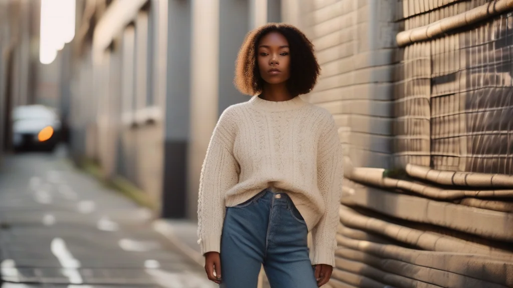 A stylish woman wearing a cozy knit sweater and denim, perfect for a Noah Kahan concert outfit.