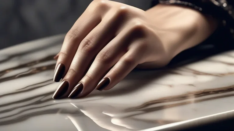 10 Chic September Nail Colors to Transition Your Manicure Into Fall 11 Close-up of a woman's hands featuring trendy espresso brown September nail colors in a luxury setting.