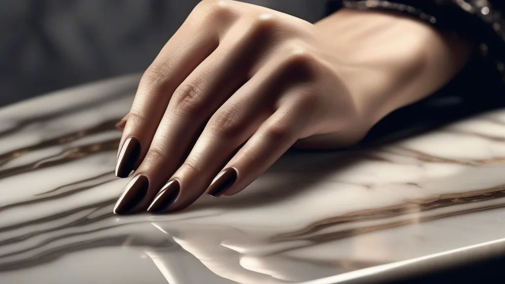 Close-up of a woman's hands featuring trendy espresso brown September nail colors in a luxury setting.