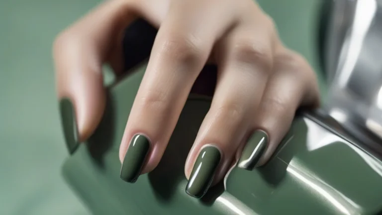 Close-up of trendy September nail colors featuring espresso and sage green.