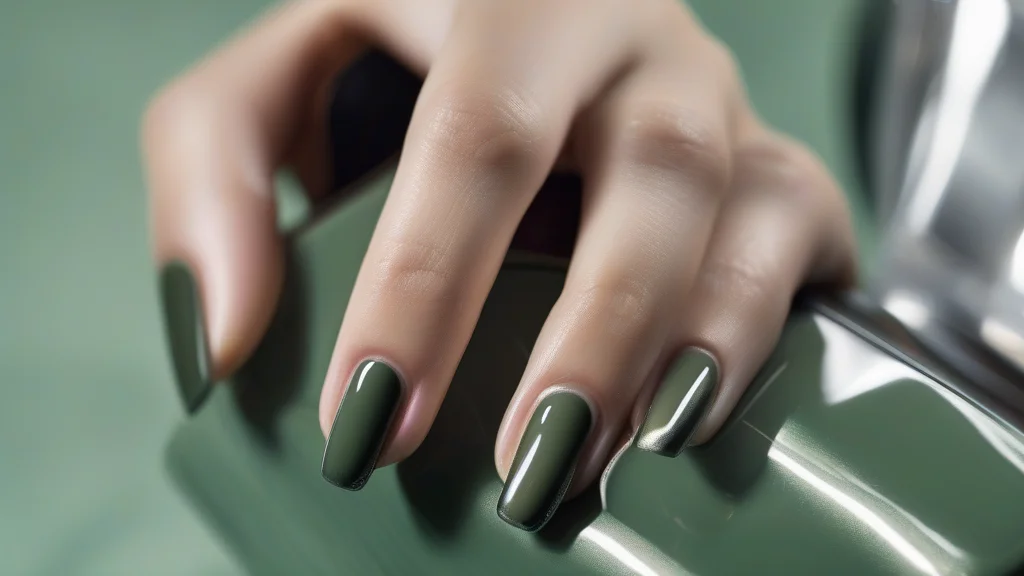 Close-up of trendy September nail colors featuring espresso and sage green.