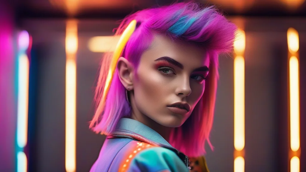 Model sporting a modern, edgy alt mullet haircut with vibrant neon hair color.