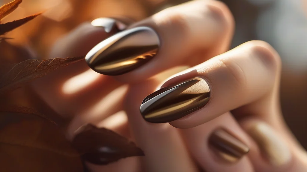 Professional close-up of trending September espresso chrome manicure against an autumn-themed background.