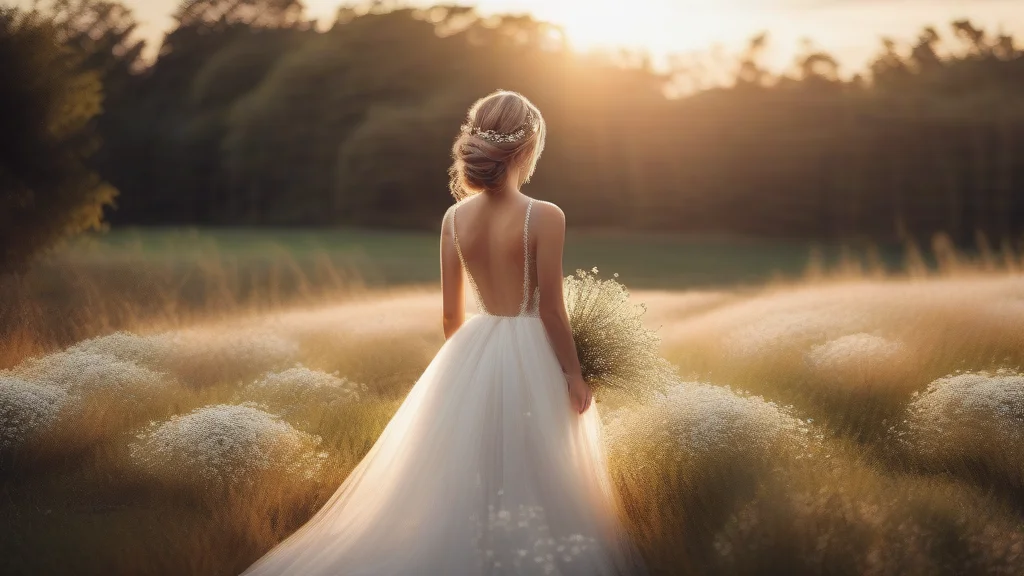 A beautiful bohemian wedding updo adorned with small white flowers at sunset.