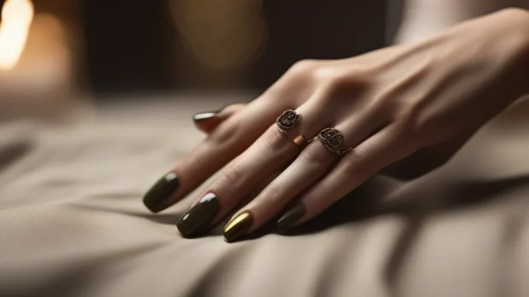 Nail Inspo September 44 Close up of trendy September nail colors featuring espresso and olive tones.