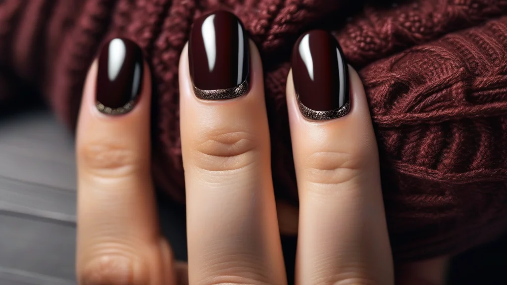 Close-up of stylish September almond nails in deep oxblood and metallic chrome finishes.